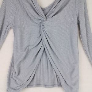 Soncy Ribbed Knit Sweater Sz 10 Gray Oversized Stretchy‎ V Neck Twist Open Back